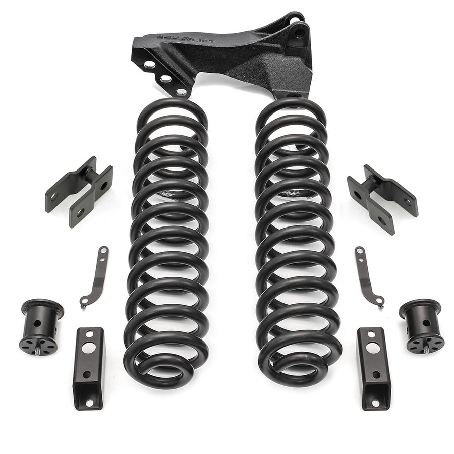 Leveling Kits by ReadyLIFT: Pair of tall black coil springs with a track bar bracket, spacers and brackets on white.