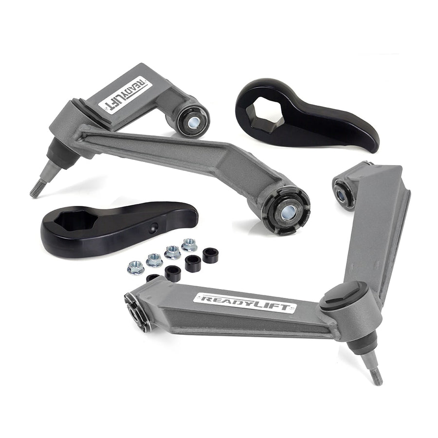 Leveling Kits by ReadyLIFT: Two gray ReadyLIFT fabricated upper control arms with two black torsion keys and hardware on white.