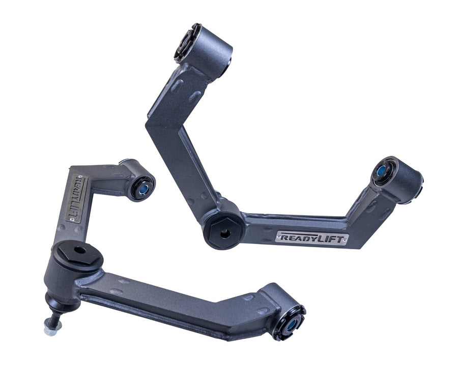 Upper Control Arms by ReadyLIFT: Pair of gray ReadyLIFT fabricated upper control arms with ball joints on white.