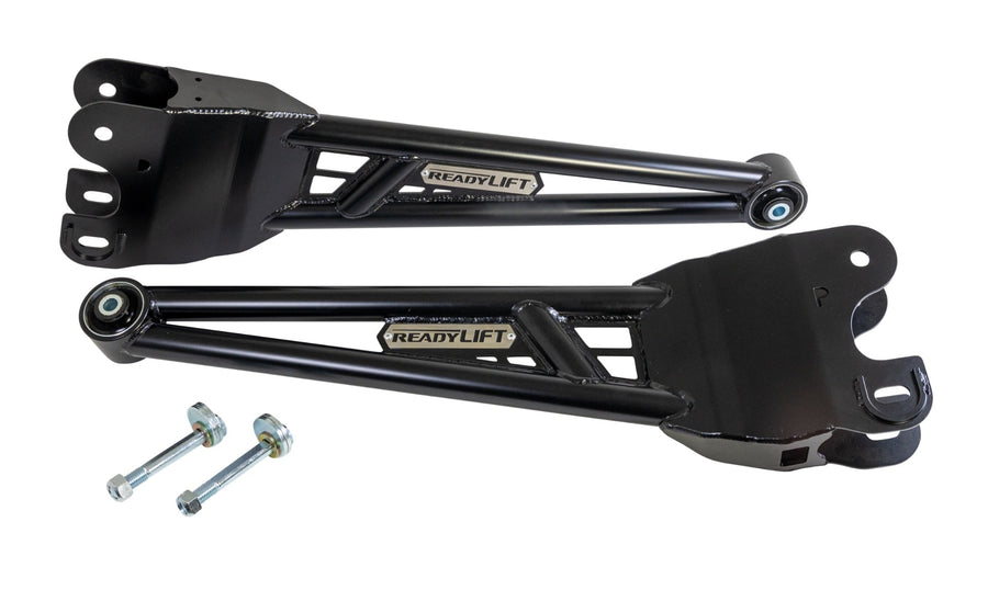 Radius Arms by ReadyLIFT: Pair of black ReadyLIFT tubular radius arms with cam bolts on white.