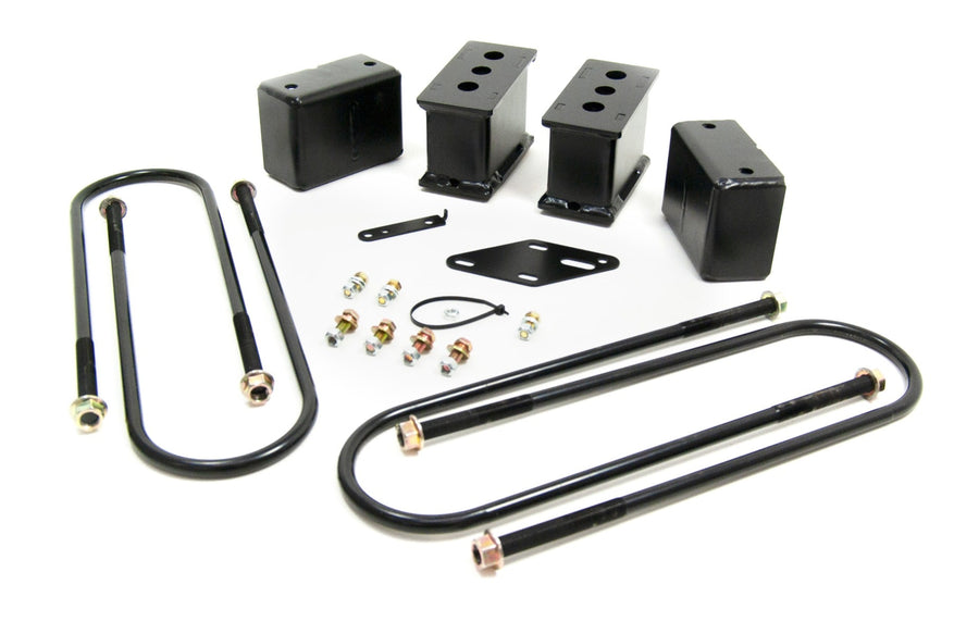 Rear Block Kits by ReadyLIFT: Black rear lift blocks, U-bolts, bracket and hardware on white.