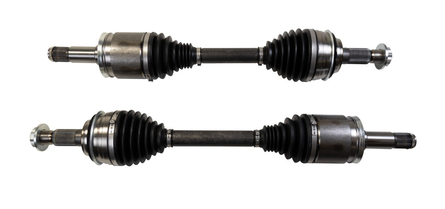 Differential Drops & Driveline by ReadyLIFT: Two front CV axle shafts with black boots on white.
