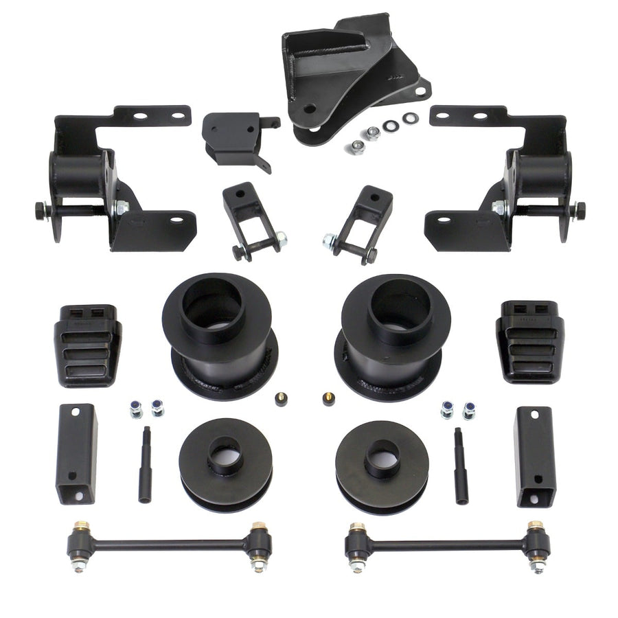 SST Lift Kits by ReadyLIFT: Black brackets, coil spacers, bump stops, sway bar links and hardware laid out on white.