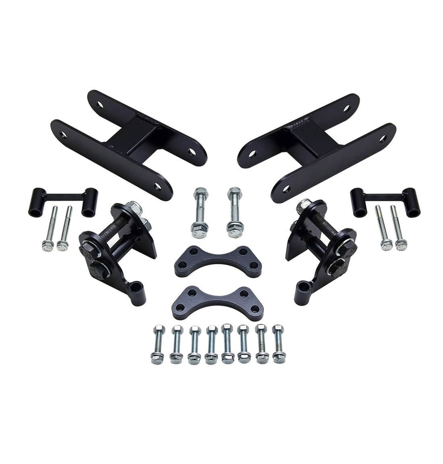SST Lift Kits by ReadyLIFT: Two black rear lift shackles, spindle brackets, small brackets and a row of bolts on white.