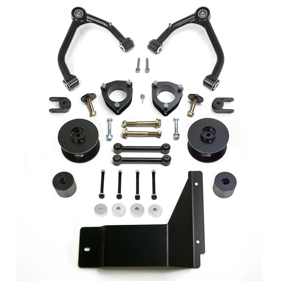 SST Lift Kits by ReadyLIFT: Two black upper control arms, strut spacers, rear coil spacers, links, bump stops and a skid plate on white.
