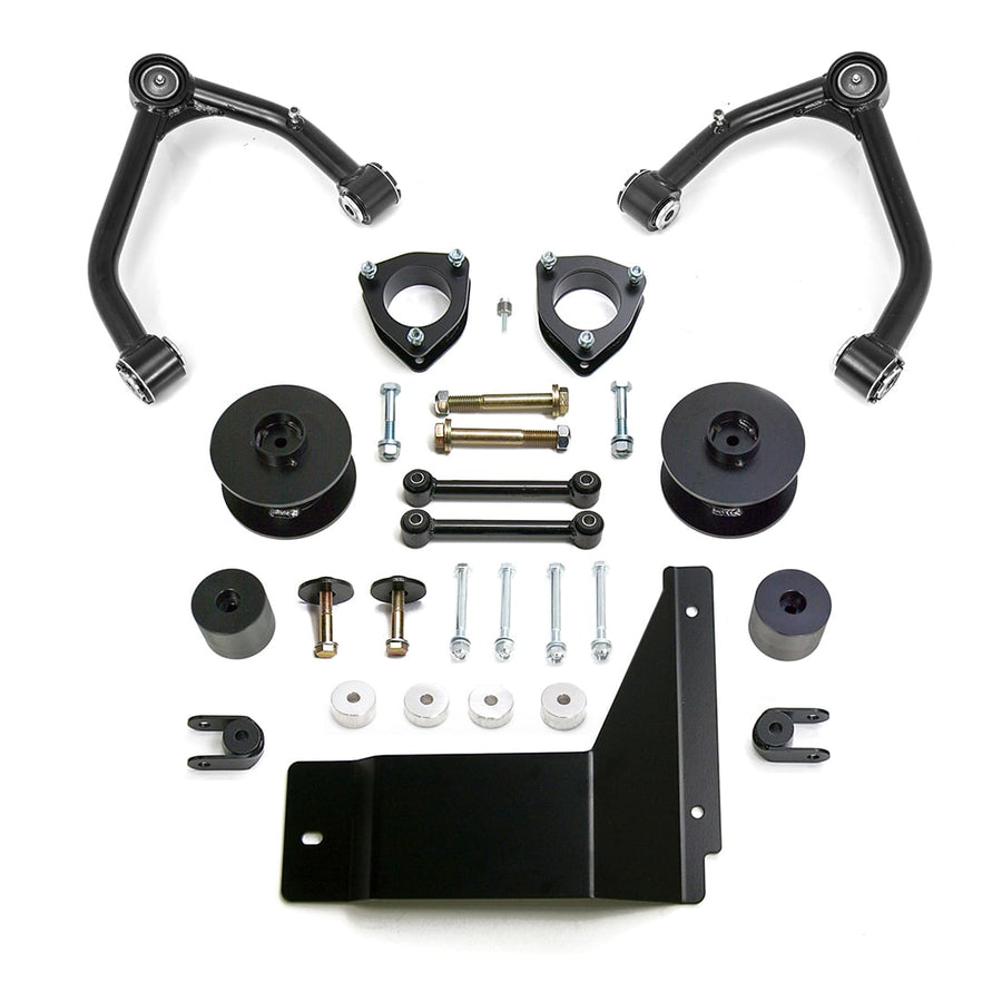SST Lift Kits by ReadyLIFT: Two black upper control arms, strut spacers, rear coil spacers, links, bump stops and a skid plate on white.