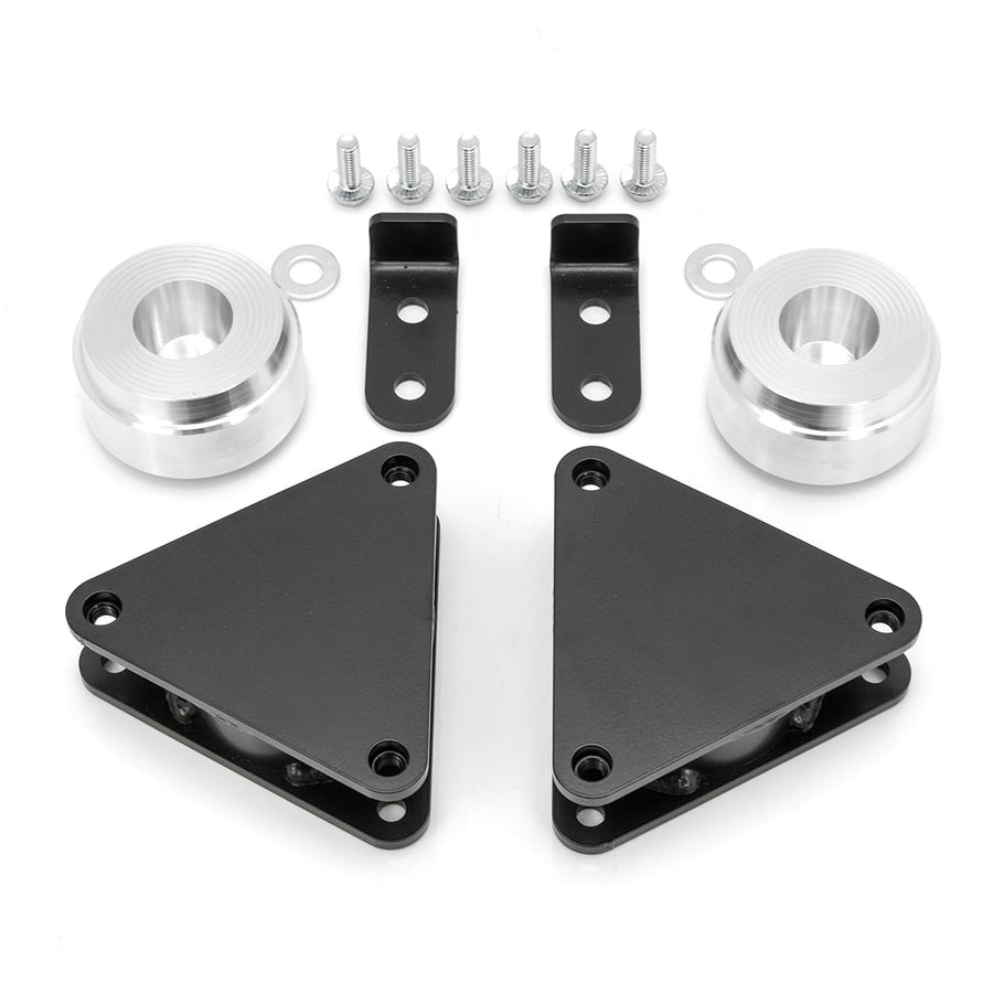 SST Lift Kits by ReadyLIFT: Two black triangular strut spacers, two aluminum rear spacers, brackets and bolts on white.