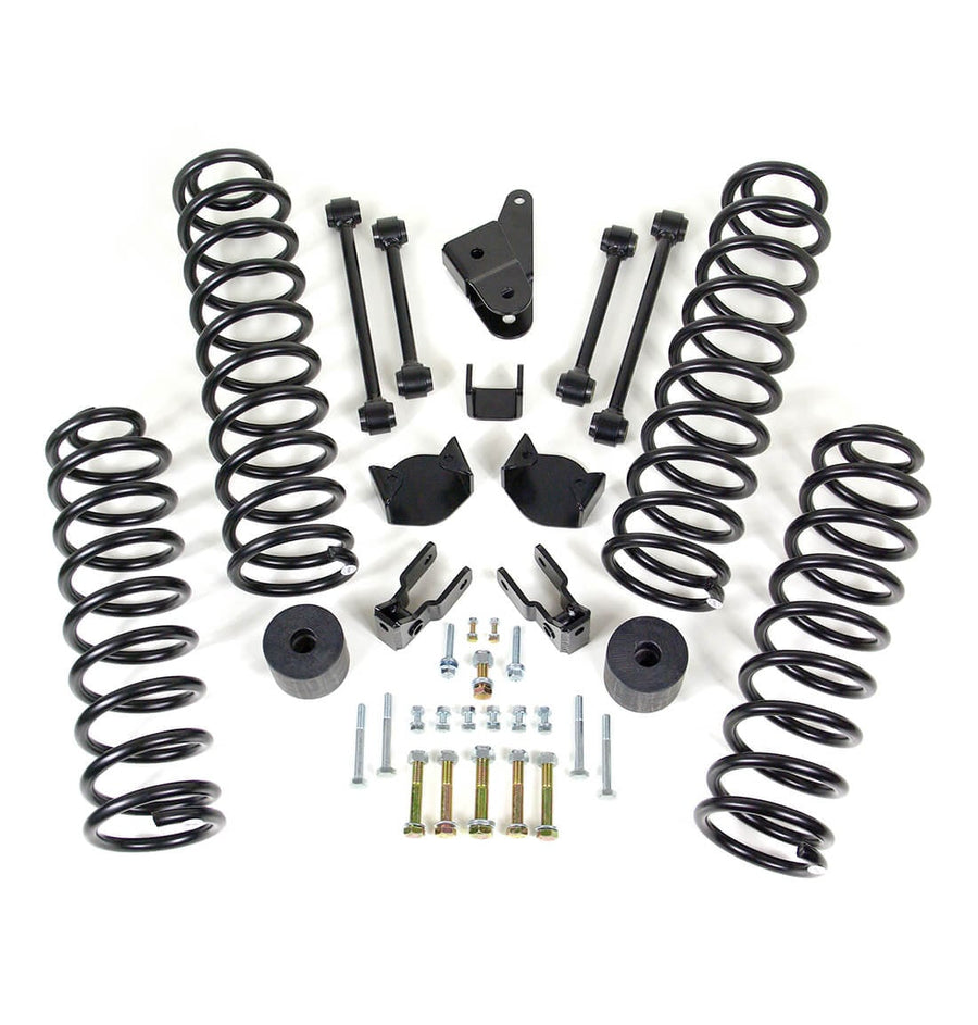 SST Lift Kits by ReadyLIFT: Four black coil springs, brackets, bump stop spacers, links and bolts on white.
