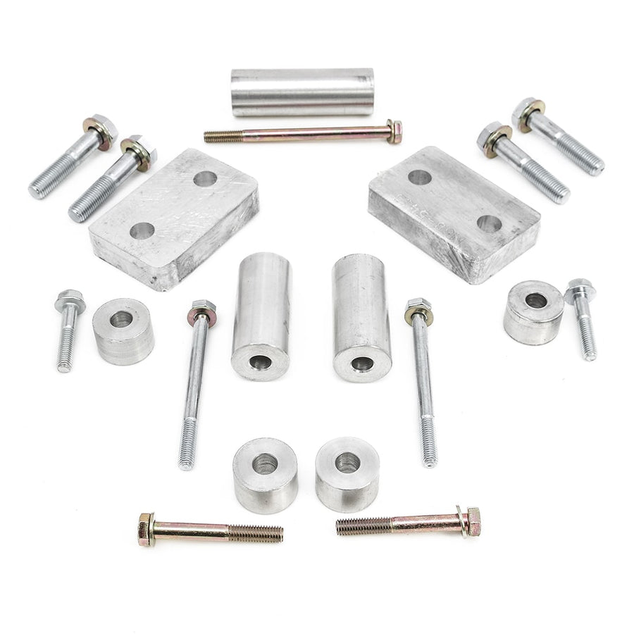 Skid Plates & Protection by ReadyLIFT: Aluminum spacer blocks, round spacers, sleeves and bolts on white.