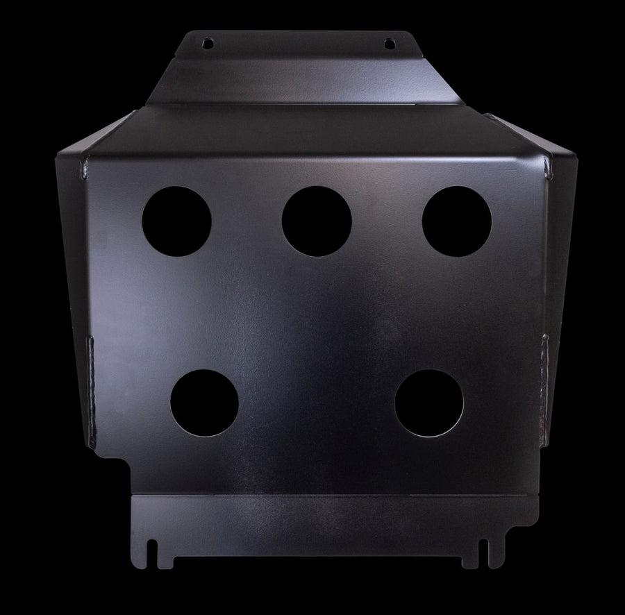 Skid Plates & Protection by ReadyLIFT: A black steel skid plate with five round cutouts on a black background.