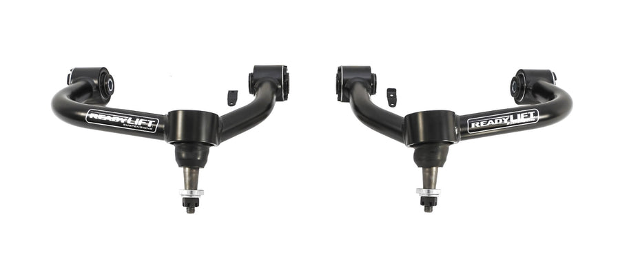 Upper Control Arms by ReadyLIFT: A pair of black ReadyLIFT upper control arms with ball joints side by side on white.