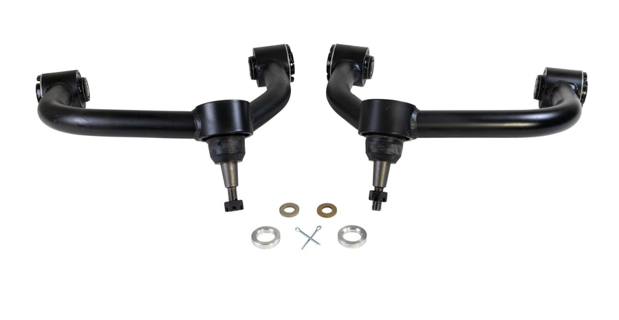 Upper Control Arms by ReadyLIFT: A pair of black upper control arms with ball joints and washers on a white background.