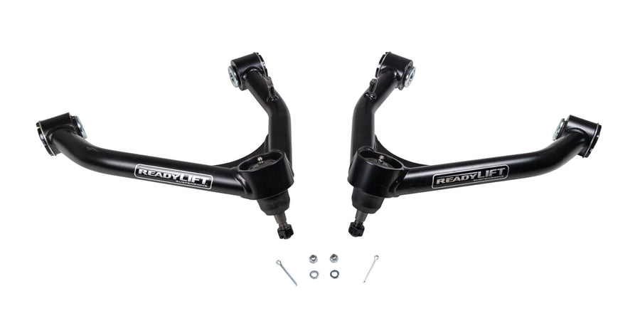 Upper Control Arms by ReadyLIFT: A pair of black ReadyLIFT upper control arms with ball joints and cotter pins on white.