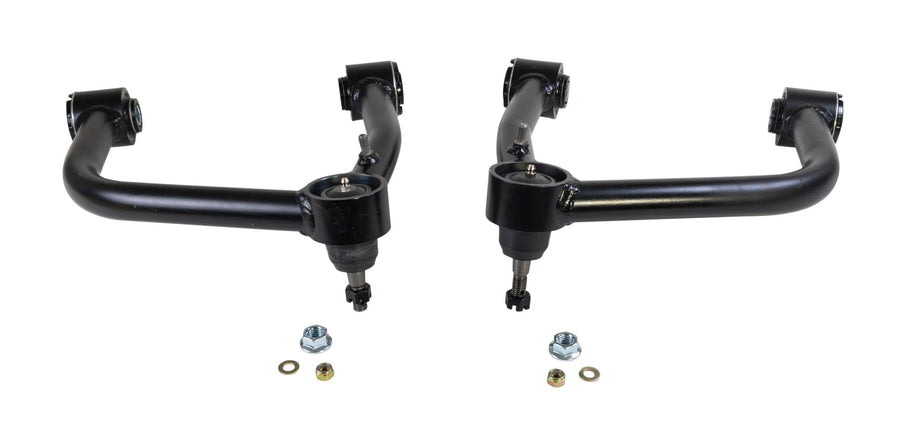 Upper Control Arms by ReadyLIFT: A pair of black upper control arms with ball joints, nuts and washers on white.