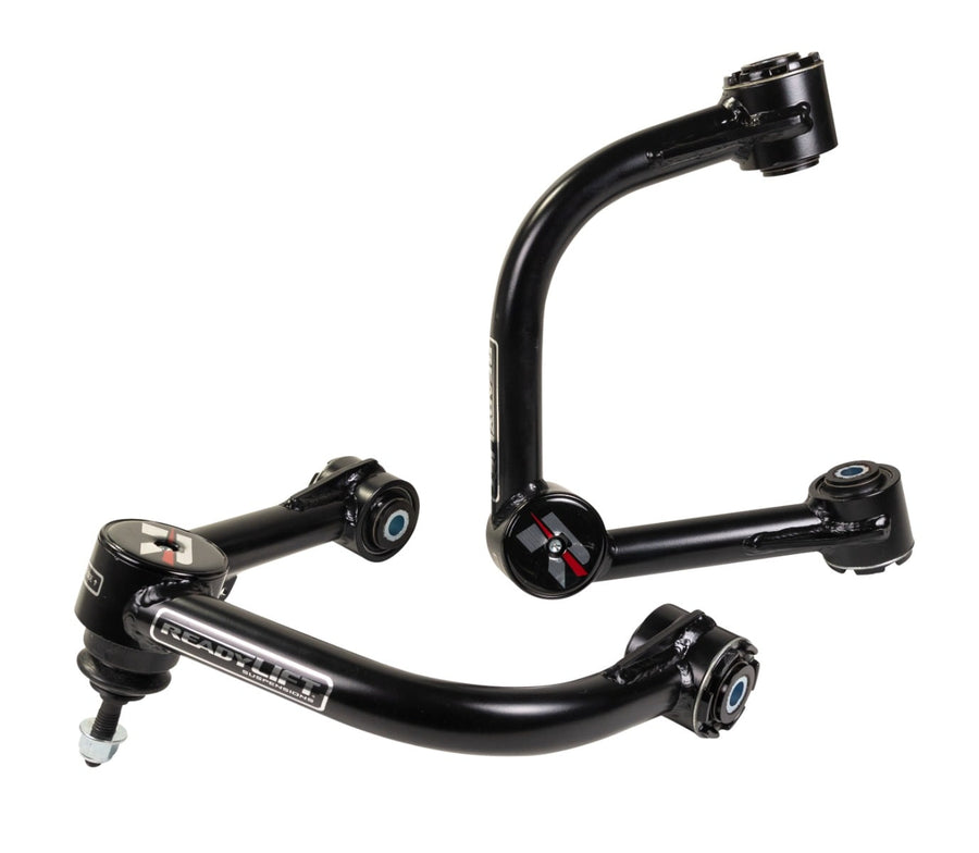 Upper Control Arms by ReadyLIFT: Two black ReadyLIFT tubular upper control arms with red R caps on a white background.
