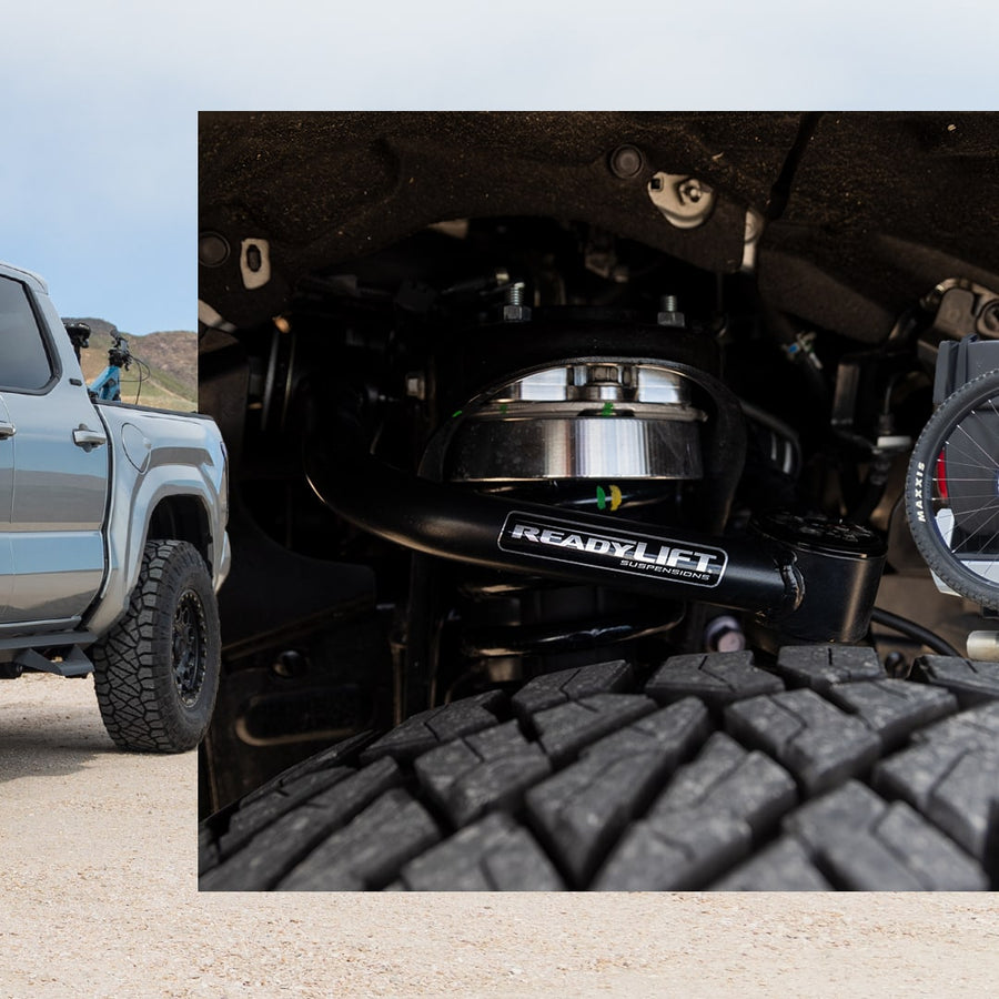 Upper Control Arms by ReadyLIFT: Inset close-up of an installed black ReadyLIFT upper control arm over a coilover in a Tacoma wheel well.