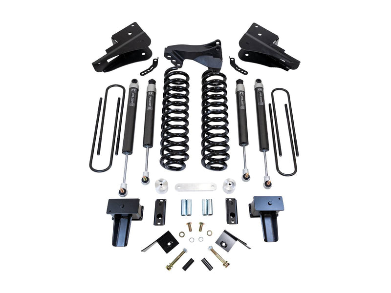 ReadyLIFT lift kit: coil springs, four Falcon shocks, track bar brackets, rear blocks, U-bolts and hardware on white