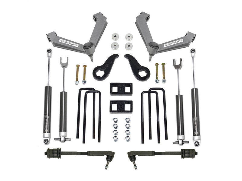 ReadyLIFT lift kit: lift kit on white: two upper control arms, torsion keys, four shocks, rear blocks, U-bolts and tie rod sleeves