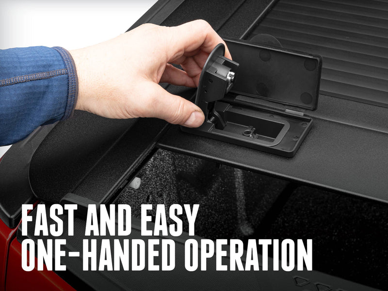 Hand lifting the spring-loaded handle out of the flip lid on the lead slat, FAST AND EASY ONE-HANDED OPERATION caption