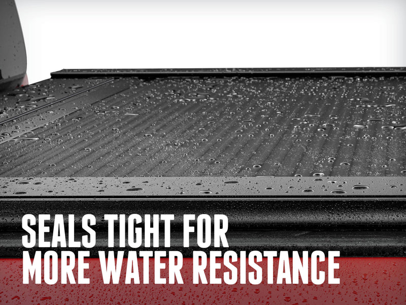Close-up of the RetraxONE XR polycarbonate slats and side rail covered in water beads; overlay headline about sealing