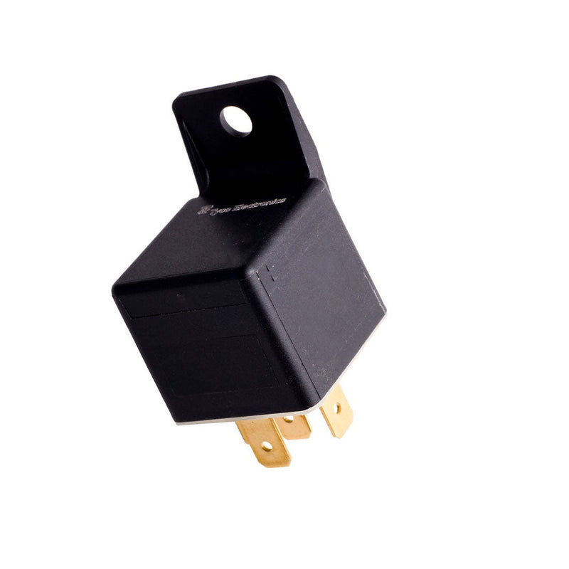 Rigid 12 Volt Relay on a studio background: black 12 volt relay with a metal mounting tab and gold spade terminals on a white background