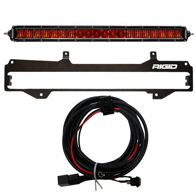 Rigid 20" SR-Series Amber Grille Kit, kit contents laid out: kit layout of a 20" SR-Series light bar with amber lens, a black grille mounting bracket and a wiring harness, on white