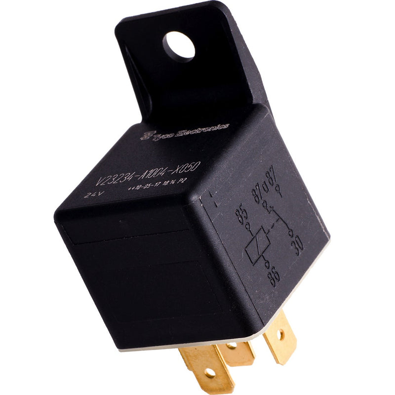 Rigid 24 Volt Relay on a studio background: A black automotive relay with a mounting tab and four blade terminals shown on white