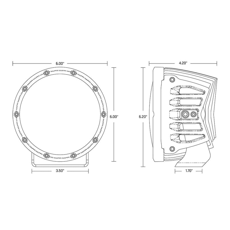 Rigid 360-Series Laser Optic 6" Pair: line drawing of a 6" round 360-Series light with front and side dimension callouts