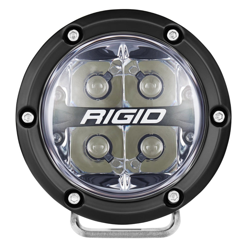 Rigid 360-Series PRO 4" Pair on a studio background: A single black 4" round LED light with a clear lens and polished mounting bracket, shown front on against white