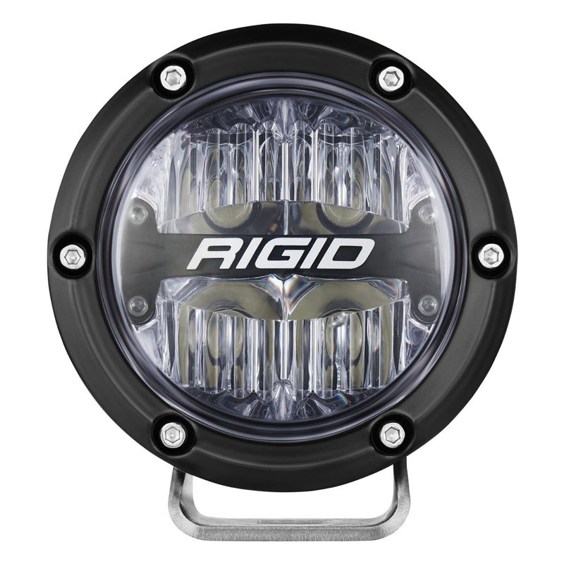 Rigid 360-Series PRO 4" Pair on a studio background: A single black 4" round LED light with clear drive optics and polished bracket, front on against white