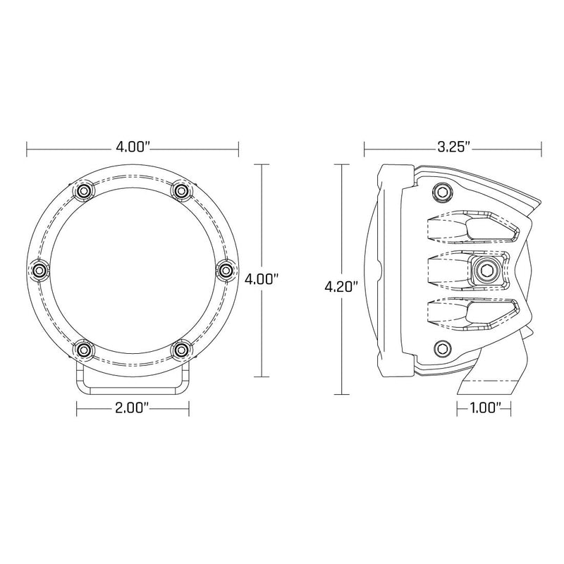 Rigid 360-Series PRO 4" SAE Pair: A line drawing gives the front and side dimensions of the 4" round light