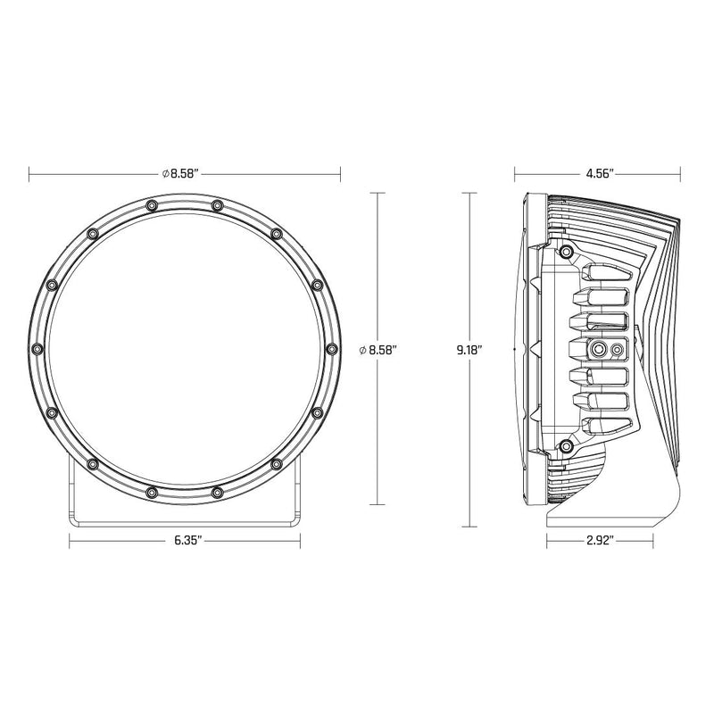 Rigid 360-Series PRO 9": line drawing of a 9" round light in front and side views with dimension callouts