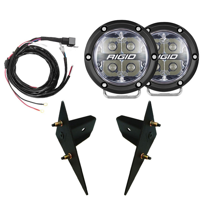 Rigid 360-Series Spot A-Pillar Kit, kit contents laid out: kit layout of a pair of round 360-Series spot lights, two black A-pillar brackets with studs and a wiring harness, on white