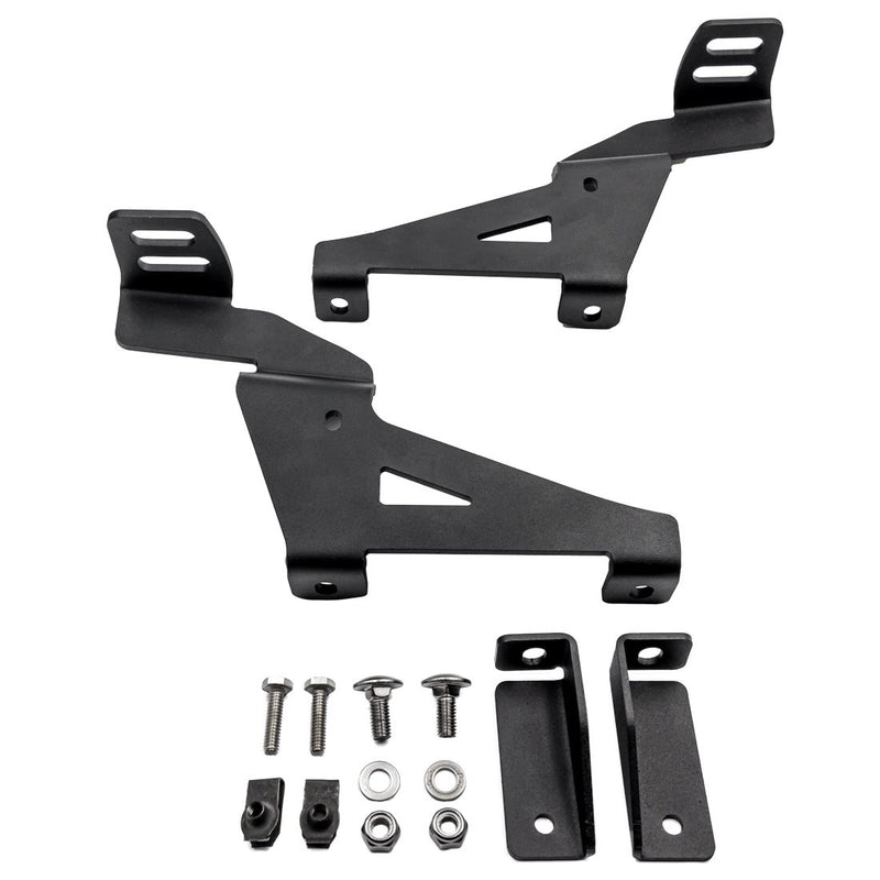 Rigid A-Pillar Mount, kit contents laid out: A pair of black A-pillar brackets with bolts, nuts and spacers laid out on a white background