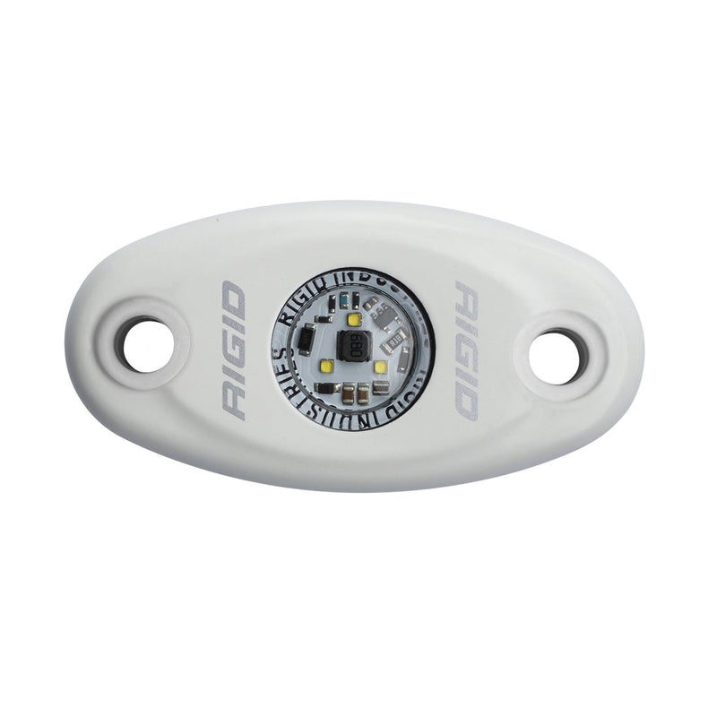 Rigid A-Series High Power Cool White Light White on a studio background: A white oval A-Series rock light with a single LED and two mounting holes, angled on white