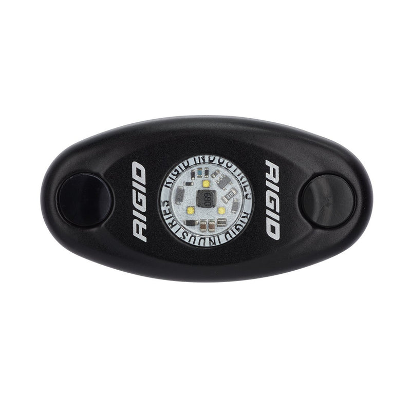 Rigid A-Series Low Power on a studio background: top view of a black oval A-Series rock light with Rigid lettering on white