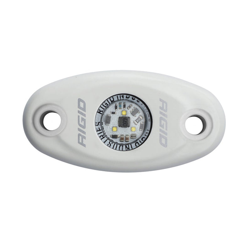Rigid A-Series Low Power White on a studio background: A white oval A-Series rock light with a single LED and two mounting holes, angled on white