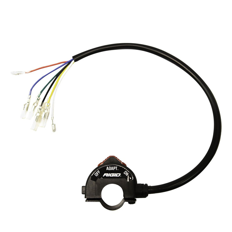 Rigid Adapt XE 3 Position Switch on a studio background: black handlebar clamp switch marked OFF, ADAPT and ON with a Rigid logo and colored pigtail leads