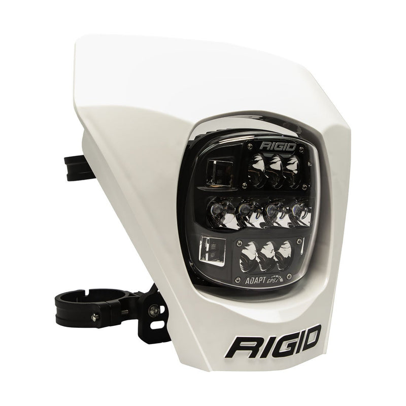 Rigid Adapt XE Number Plate White on a studio background: A white Rigid Adapt XE number plate light with fork clamps on a white background