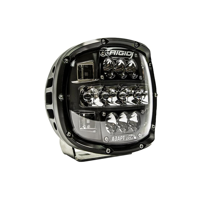 Rigid Adapt XP on a studio background: black Adapt XP light with a clear lens and multiple reflector optics, angled three-quarter view on white