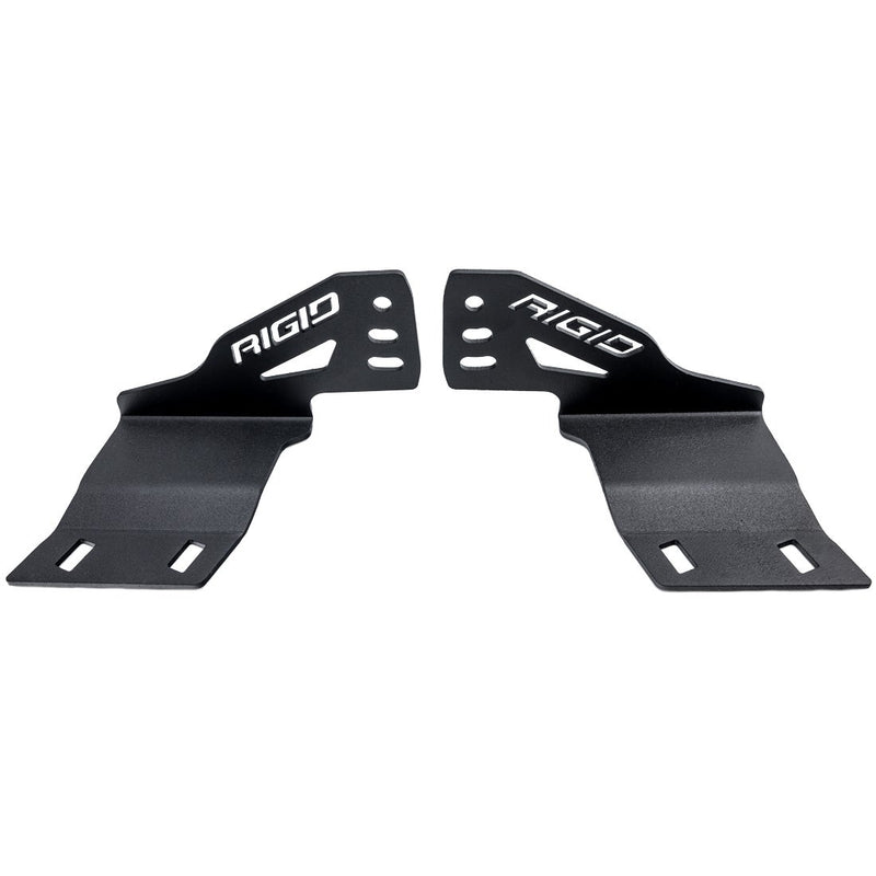 Rigid Bumper Bar Mount, kit contents laid out: A pair of black bumper light bar brackets with Rigid cutout lettering on a white background