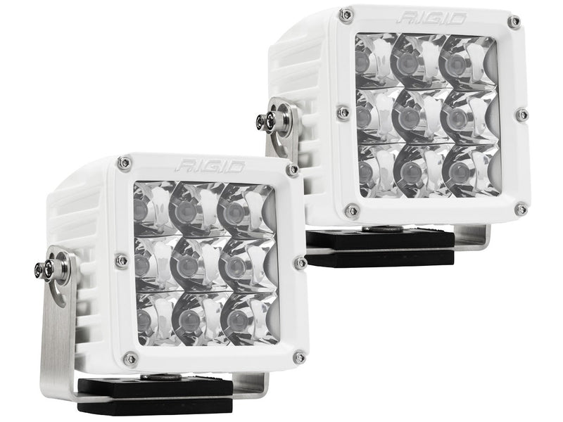 Rigid D-XL PRO White Pods Pair: two white-housing D-XL PRO cube lights with clear spot optics on stainless steel mounting brackets, on white