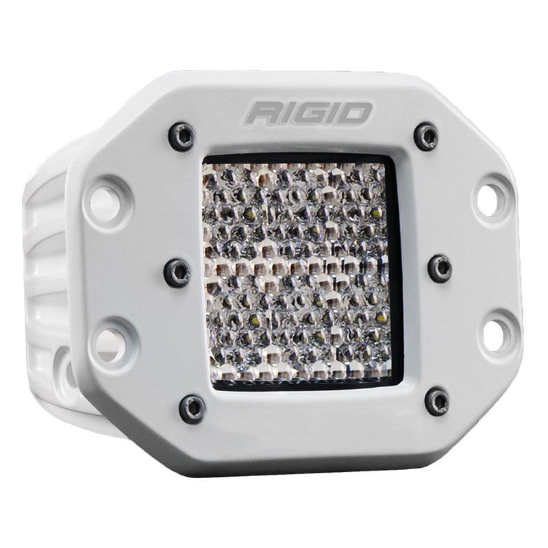Rigid D-Series PRO Diffused Flush Mount White on a studio background: A white Rigid D-Series PRO flush mount light with a diffused lens on a white background