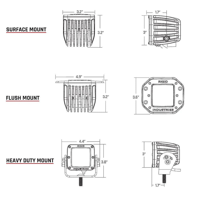 Rigid D-Series PRO Diffused Flush Mount White: dimension line drawings of a square LED pod shown in surface mount, flush mount and heavy duty mount versions