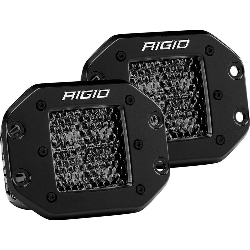 Rigid D-Series PRO Flush Mount Pair on a studio background: A pair of black Rigid D-Series PRO flush mount lights with dark textured lenses on a white background