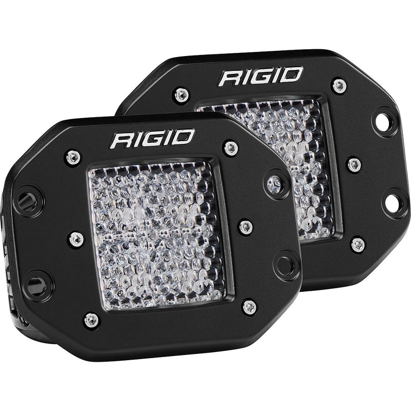Rigid D-Series PRO Flush Mount Pair on a studio background: A pair of black Rigid D-Series PRO flush mount lights with diffused lenses on a white background