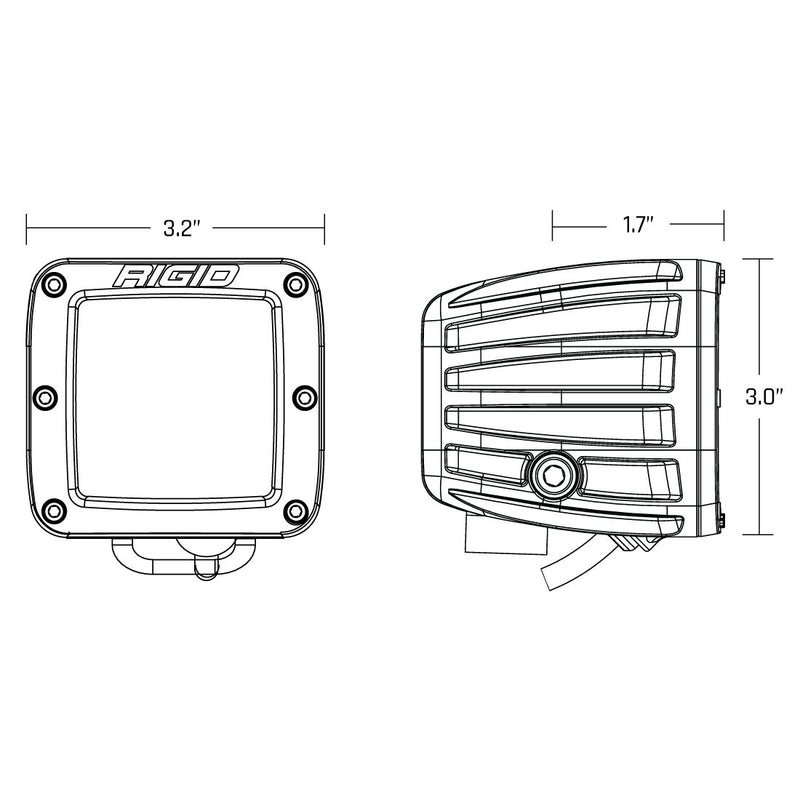 Rigid D-Series PRO Pods Pair: front and side line drawings of a D-Series PRO pod marked 3.2" wide, 3" tall and 1.7" deep