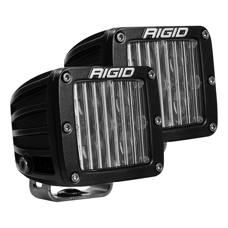 Rigid D-Series PRO SAE Pods Pair on a studio background: A pair of black square D-Series PRO SAE pods with clear fluted fog lenses and stainless mounting feet on a white background