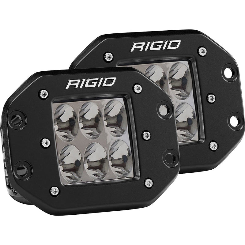 Rigid D-Series PRO Specter Driving Flush Mount Pair on a studio background: A pair of black flush-mount square LED lights with six-LED driving optics on a white background