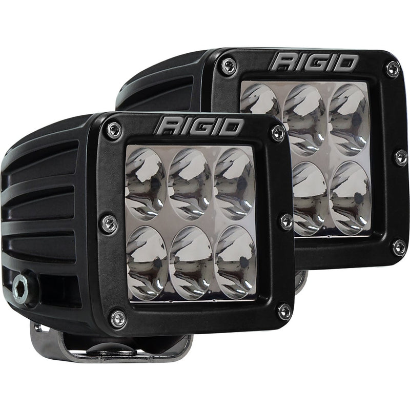 Rigid D-Series PRO Specter Pods Pair on a studio background: A pair of black square LED pods with six-LED driving optics, angled on a white background